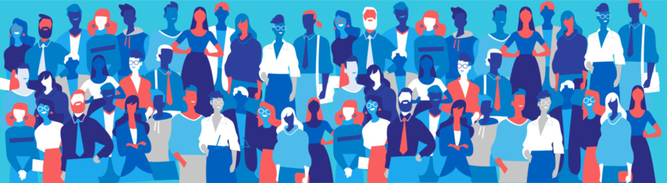 Crowd of people, representing inclusion, community, and modern society, with different ages, genders, and styles in a cohesive, contemporary composition.