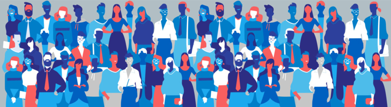 Crowd of people, representing inclusion, community, and modern society, with different ages, genders, and styles in a cohesive, contemporary composition.