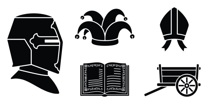 Collection of historical icons including a medieval knight helmet, jester hat, bishop mitre, ancient book, and wooden cart, suitable for history projects, educational resources, and