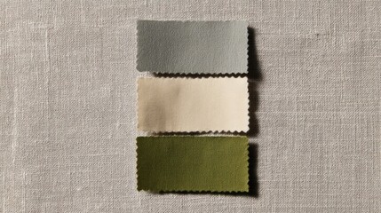 Fototapeta premium Three wavy-edged fabric swatches in grey, beige, and olive green vertically arranged on light grey textured cloth.