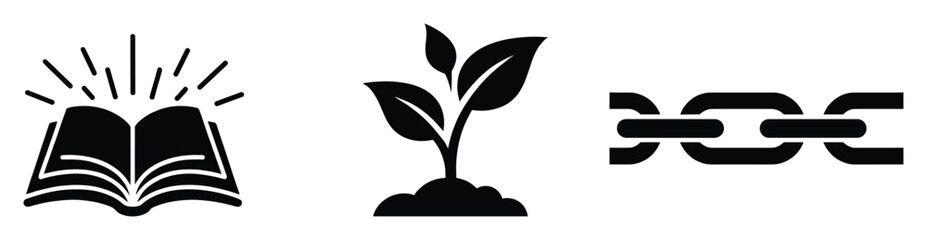 Fototapeta premium Symbolic black vector icons of an open book for knowledge, a plant for growth, and a chain for connection, ideal for educational, business, and technical presentations.