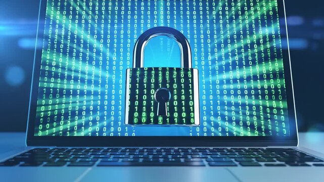 Laptop with padlock and binary code for commercial backgrounds, digital design, and advertising