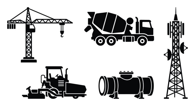 Essential construction equipment and infrastructure silhouettes including tower crane concrete mixer truck paver industrial pipe and telecom tower for industrial project presentations