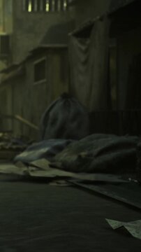 In a dimly lit, dusty room, worn blankets and discarded items lay scattered among shadows. The atmosphere whispers stories of a life once lived. Time seems frozen in this hauntingly beautiful place.