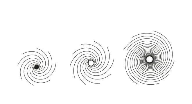 Three different black and white line art illustrations of spiral galaxies or swirling vortex patterns against a white background.