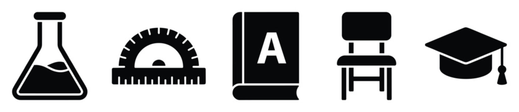 Set of essential education icons including a science flask, mathematical protractor, textbook, student chair, and graduation cap, perfect for academic materials and school resources