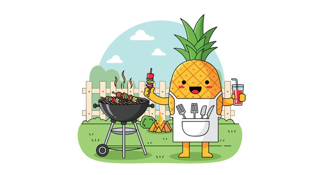 Cute cartoon pineapple character wearing an apron and grilling skewers on a barbecue in a sunny backyard setting.