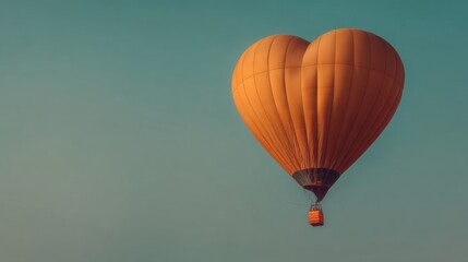 Fototapeta premium Orange red heart shaped balloon floats in teal gradient sky with small basket below, simple romantic scene.