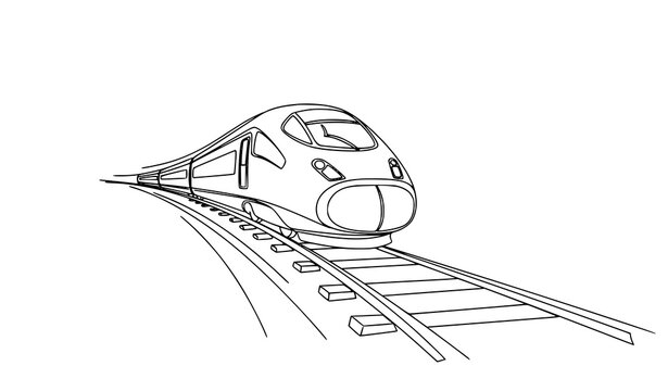 Continuous line high speed train front perspective with railway tracks minimal modern transport vector illustration
