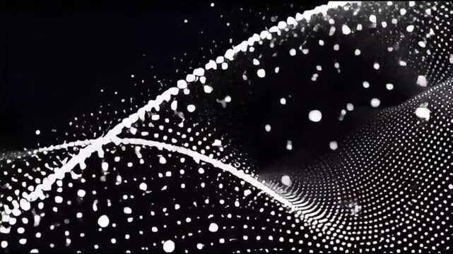 Futuristic glowing white dots forming wave pattern on black background, technology concept