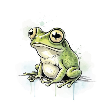 Green Frog Sitting on Ground Looking.