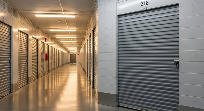 Long hallway of metal roll-up storage units. Shiny floor reflects overhead lights and doors. Unit 218 marked on white cinderblock wall. Evenly spaced units line both sides of corridor