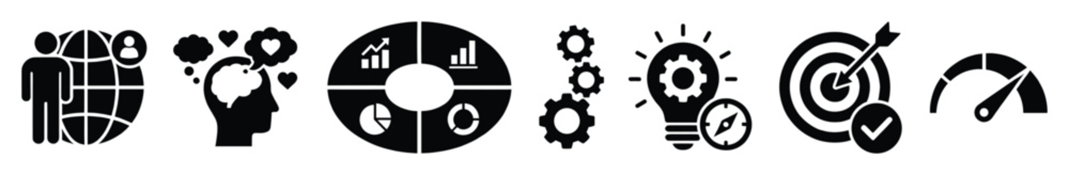 A collection of essential business and personal development icons visualizing data analysis global teamwork strategic thinking and goal achievement for corporate presentations and marketing