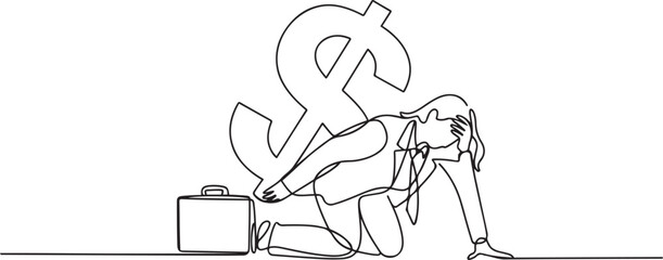 Obraz premium Single one line drawing unhappy businesswoman under heavy dollar symbol burden. Overworked or overloaded worker due to economic crisis, debt pressure. one line icon drawing vector