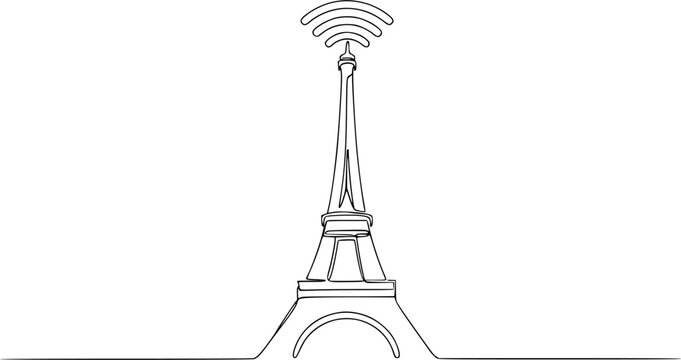 One Line Art of Wi-Fi and Eiffel Tower - Smart Travel and Global Connectivity Concept