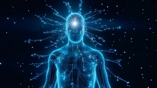 Human silhouette with glowing energy points and cosmic stars background