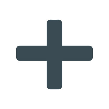 Dark charcoal gray plus sign symbol with rounded corners over a white background