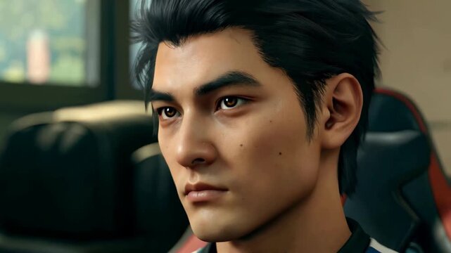 3D rendered close-up of male characters, close-up of the electrician's focused expression