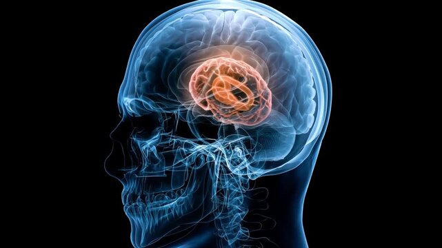 X-ray view of brain disease showing glowing tumor in the head of a human body