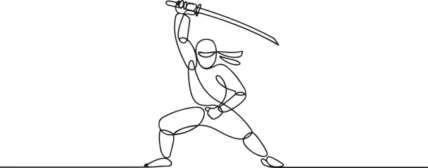 Continuous one line drawing man ninja in mask standing on stance, raising katana sword high for powerful overhead strike, illustrating focus action. one line icon drawing vector © MDROBIUL