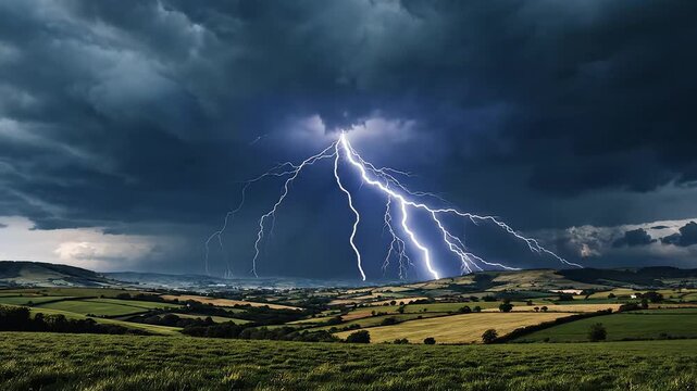 Lightning striking over green fields for environmental projects, nature documentaries, and commercials