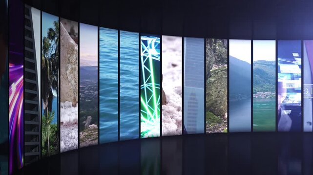 Curved digital wall displaying diverse multimedia content streaming