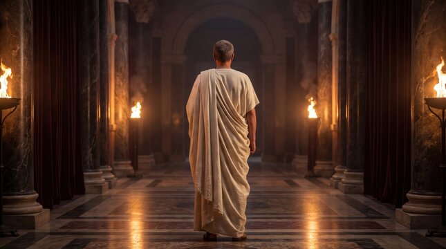 Roman senator walking alone through torchlit imperial palace corridor from behind
