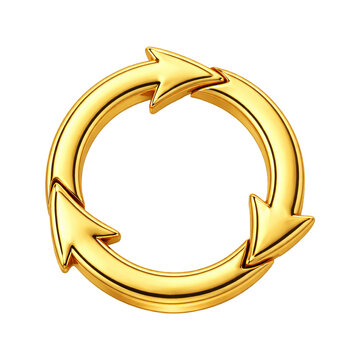Shiny Gold Circular Arrows Loop Icon, 3D Metallic Refresh, Recycle or Continuous Process Symbol Isolated on Transparent Background