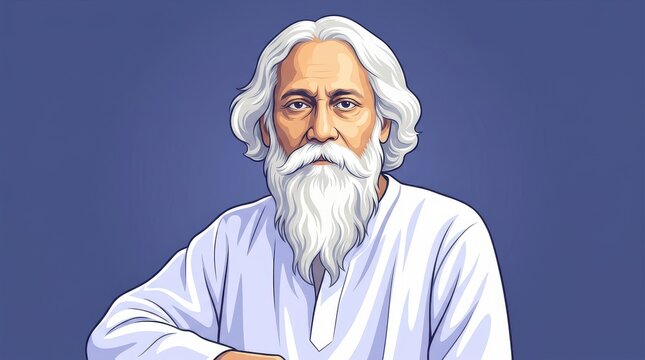 Portrait of rabindranath tagore with white hair and beard, wearing a traditional white kurta on blue background