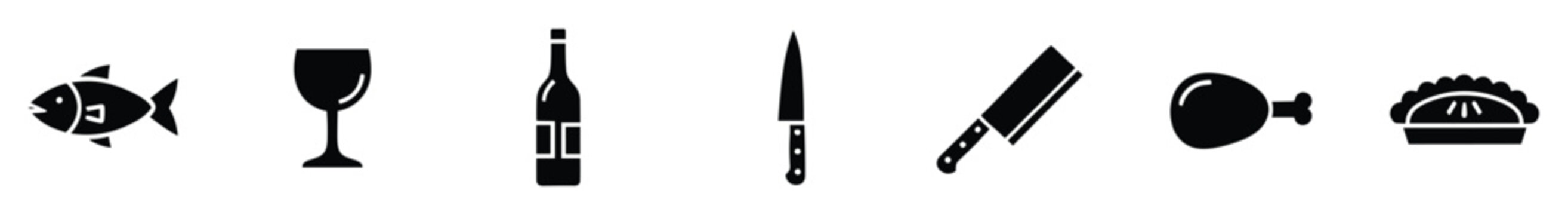 A comprehensive collection of culinary and kitchen icons including fresh fish, wine glass, bottle, chef knife, meat cleaver, chicken leg, and pie, perfect for food industry branding, menus,