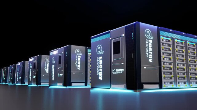 Group of energy storage systems or battery container units on black background
