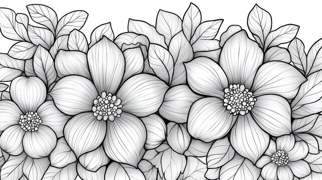 Monochrome floral border; elegant flowers, leaves; white background; wedding invitation design