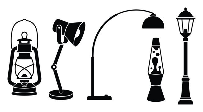 Assortment of diverse lighting fixtures and luminous appliances such as street lamps, desk lamps, floor lamps, lava lamps, and classic lanterns suitable for graphic projects and design