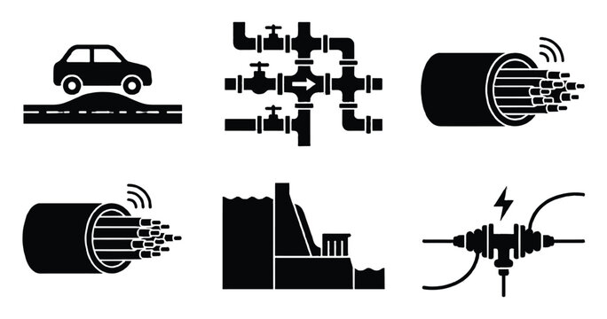 Essential infrastructure and utility icons illustrating critical systems like road transport, water, communication, power generation, and electrical grids for diagrams and graphics.