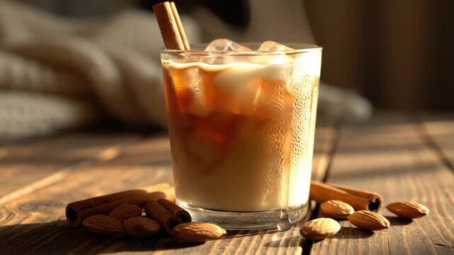 Pouring Cream into Iced Coffee with Cinnamon and Almonds on Wooden Table
