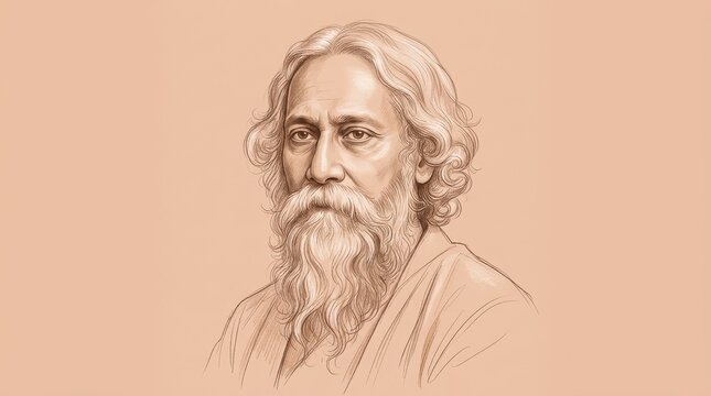 Portrait of rabindranath tagore, indian poet and philosopher with long beard, monochromatic sepia tone