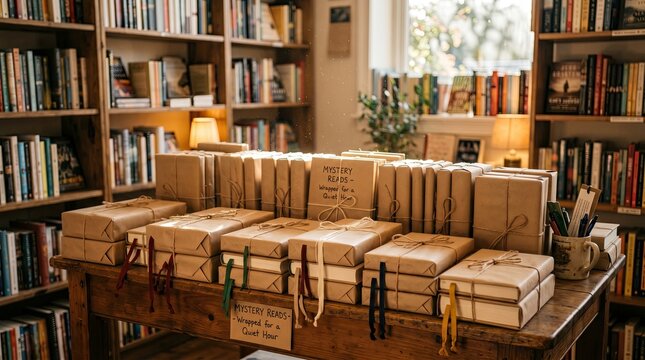 Cozy Bookstore Display with Wrapped Gifts and Warm Lighting