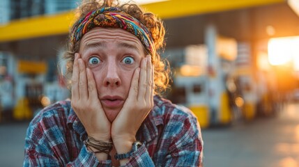 Obraz premium The startling experience of record-high gas prices at fuel stations. Sharp image. Astonished man reacts to unexpected gas prices at the local fuel station. Professional photo. Copy space.