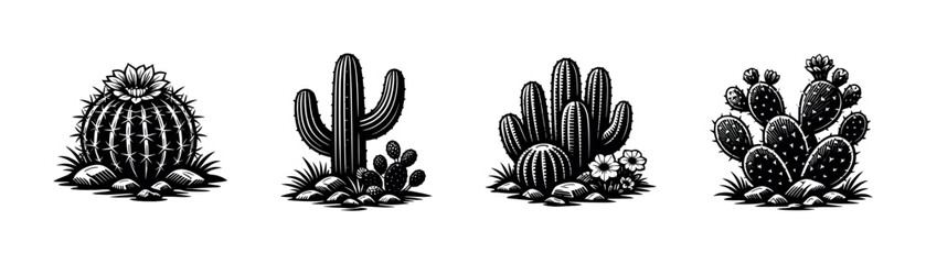Black and white vector illustration of various cactus types in silhouette style © UnIcons