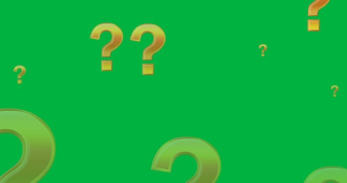 Digital animation of multiple orange question mark icons floating against black background