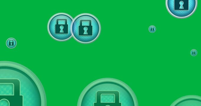 Digital animation of multiple blue security padlock icons floating against black background