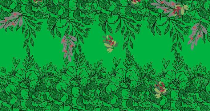Panel appearing, leaf clusters entering, drifting, rotating, balancing on transparent background