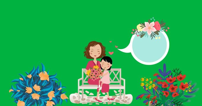 Frames starting mom-child hugging on bench with bouquet hearts teal bubble card-florals, copy space