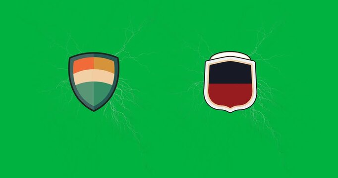 Digital animation of two sports team badge logos clashing against black background