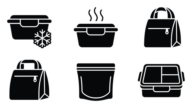 Versatile food container and lunch bag icon set for meal preparation and storage solutions in modern kitchen and dining applications