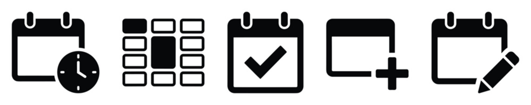 Versatile black and white calendar icons set for effective time management, appointment scheduling, event planning, and task organization applications.