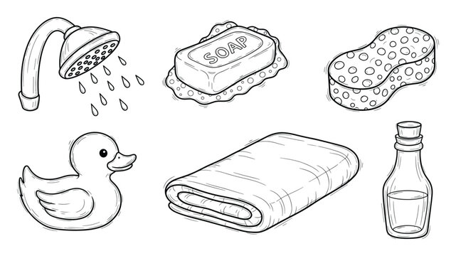Collection of hand drawn bath and hygiene items including shower head soap sponge rubber duck towel and bottle perfect for personal care educational materials and health related promotions