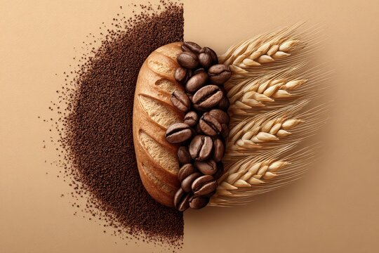 A beautiful arrangement of coffee, bread, and wheat grains.