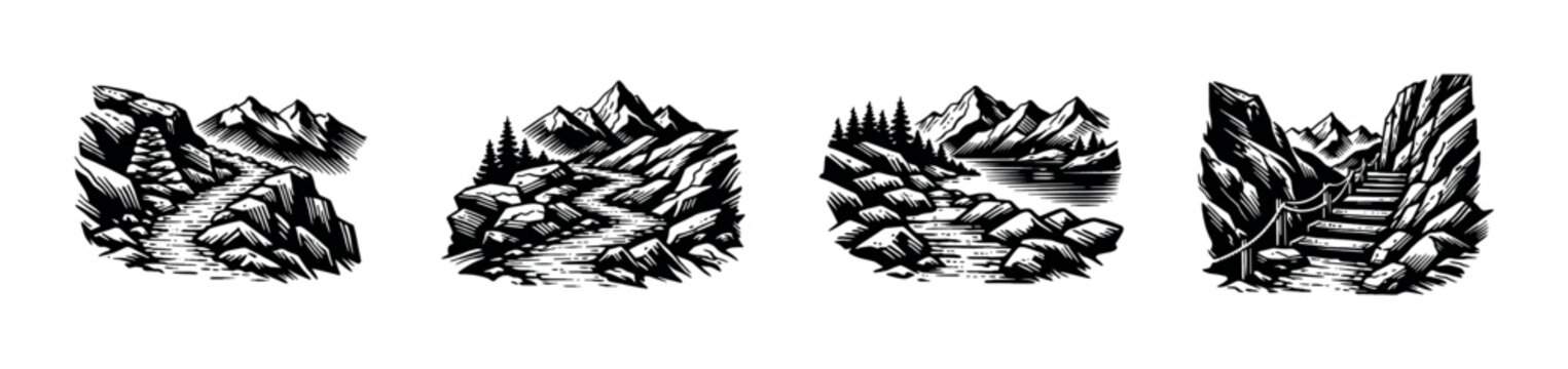 Black and white mountain landscape illustrations with rocky paths and streams vector