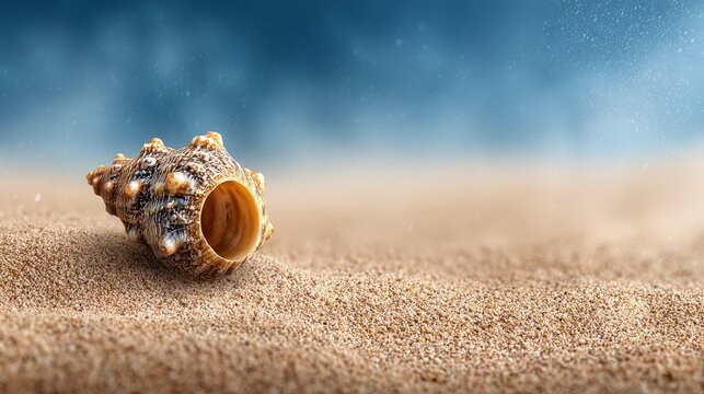 A beautifully detailed shell resting on golden sand near the ocean.